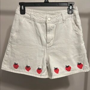 Strawberry Print White Denim Shorts